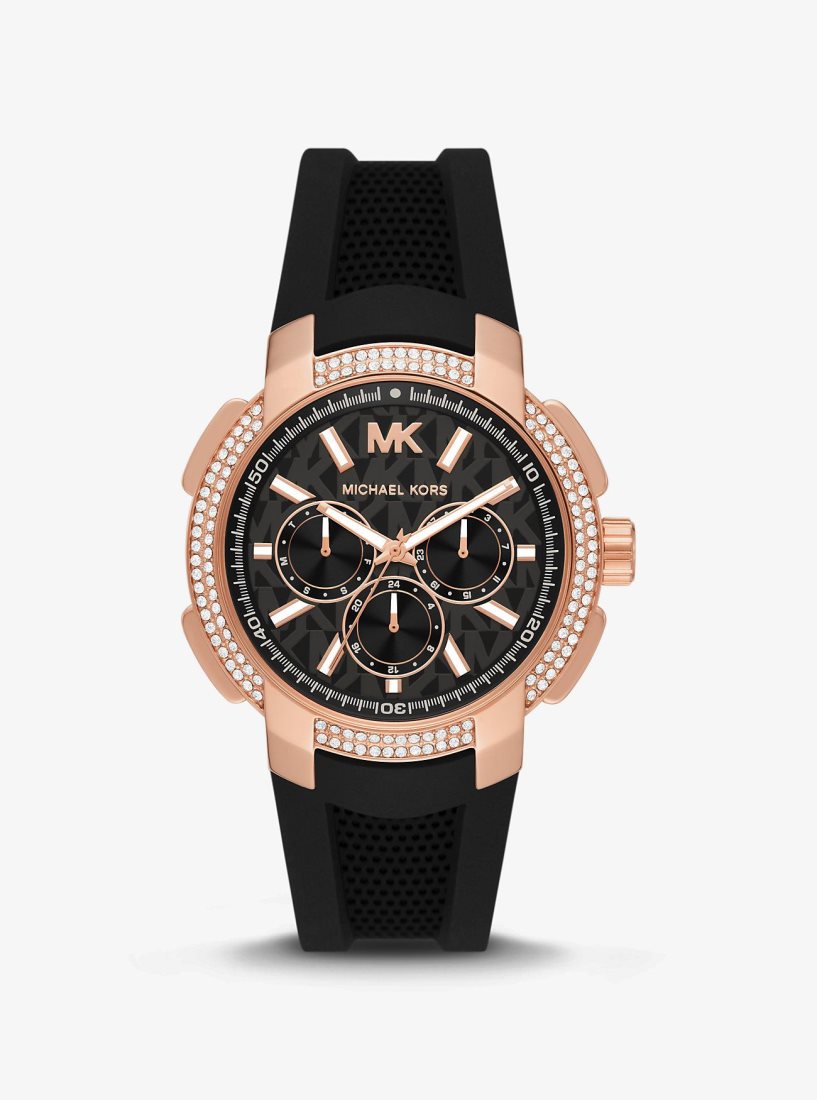 Gold-tone Michael Kors Oversized Sydney Pave Rose Gold-Tone and Silicone Watch Mujer Negras | 1256-CJVZD