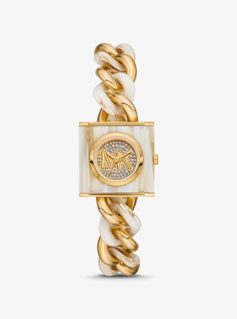 Gold-tone Michael Kors Petite Lock Pave Gold-Tone and Acetate Chain Watch Mujer Horn | 0524-NRIFV