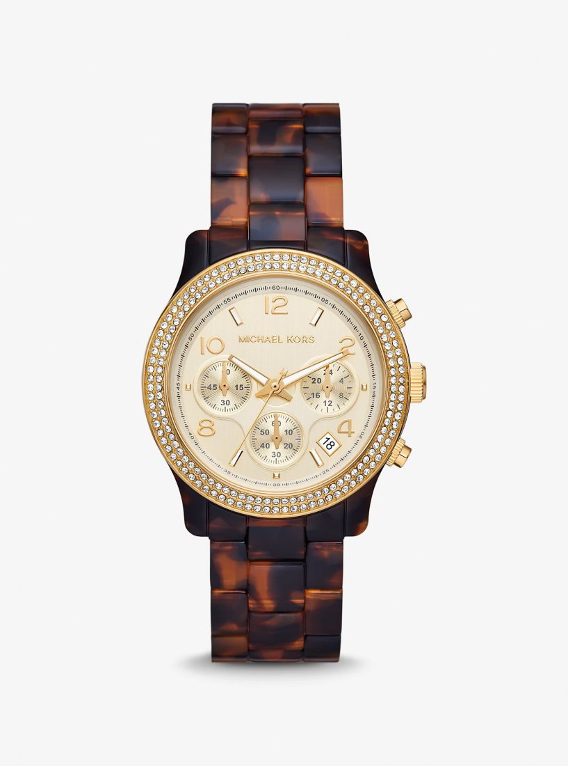 Gold-tone Michael Kors Runway Pave Gold-Tone and Tortoiseshell Acetate Watch Mujer Tortoise | 9063-PCFYQ