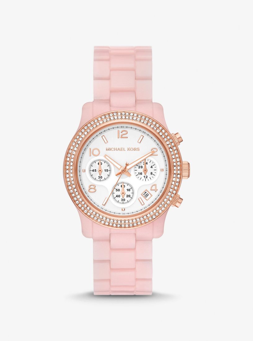 Gold-tone Michael Kors Runway Pave Rose Gold-Tone and Blush Acetate Watch Mujer Rosas | 9483-CARXK