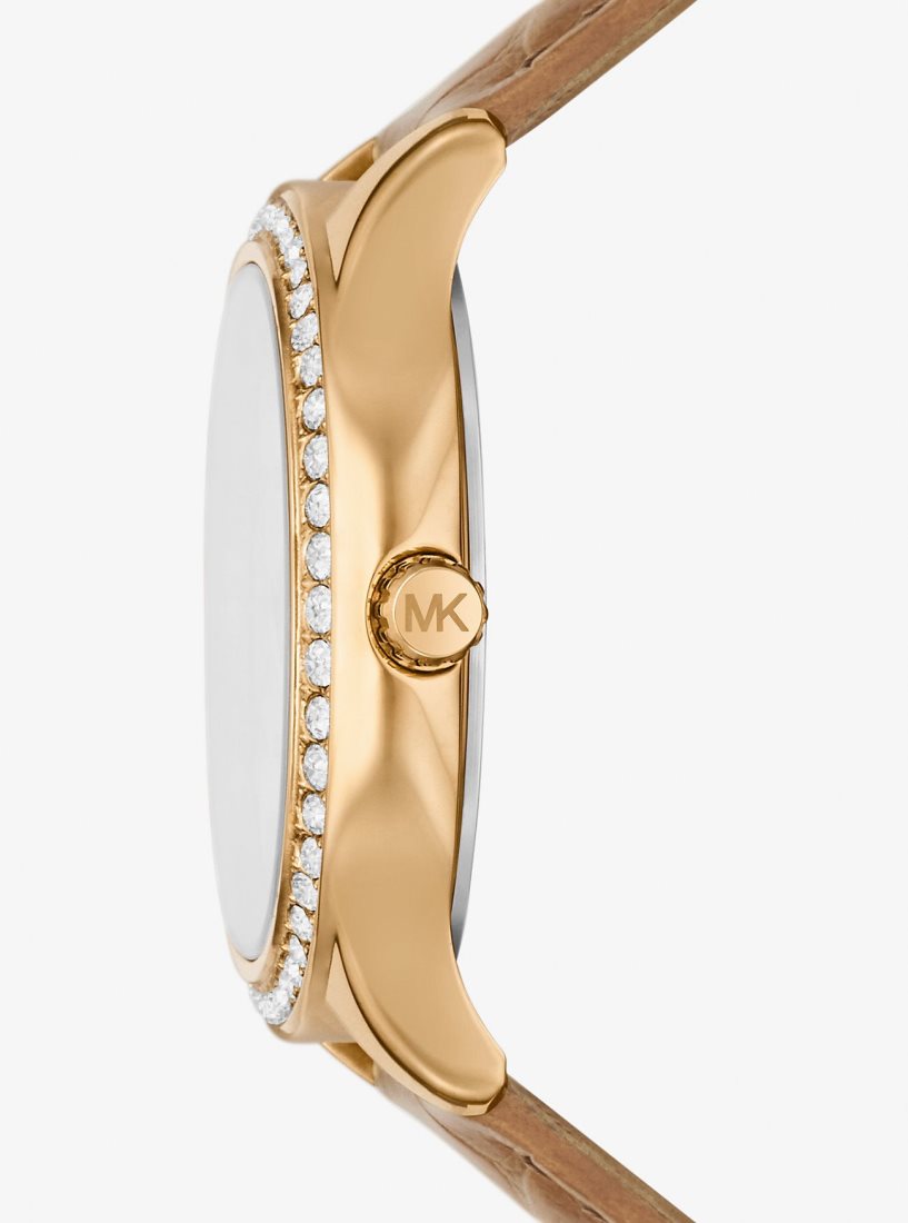 Gold-tone Michael Kors Sage Pave Gold-Tone and Crocodile Embossed Leather Watch Mujer Peanut | 8194-BZIJP