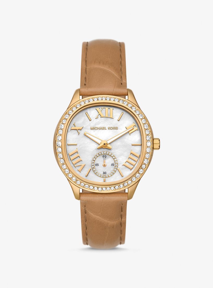 Gold-tone Michael Kors Sage Pave Gold-Tone and Crocodile Embossed Leather Watch Mujer Peanut | 8194-BZIJP