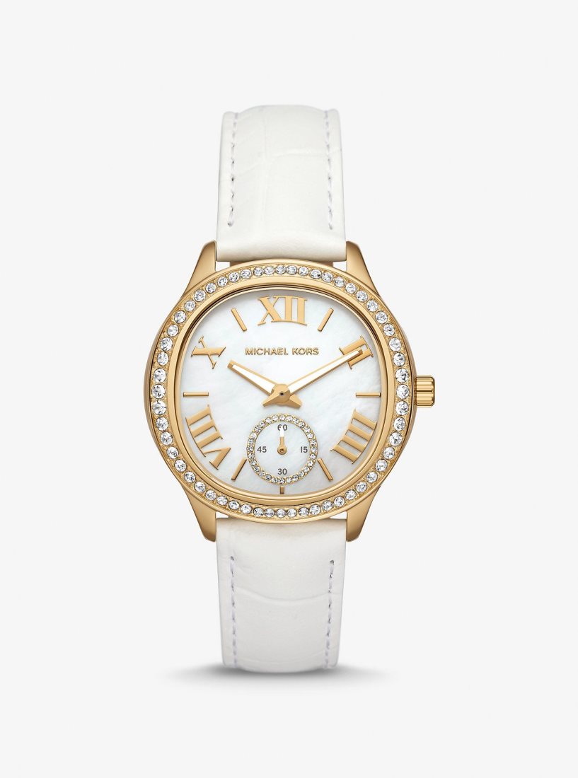 Gold-tone Michael Kors Sage Pave Gold-Tone and Crocodile Embossed Leather Watch Mujer Blancas | 9510-SPVAH