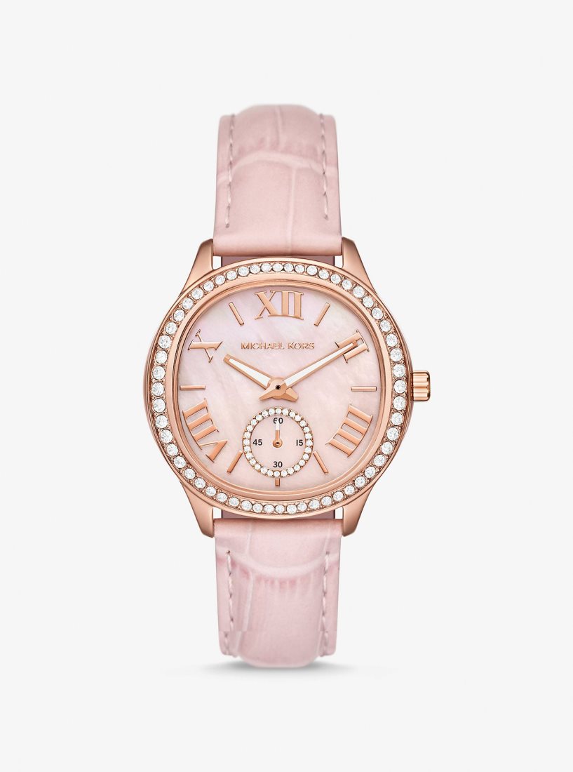 Gold-tone Michael Kors Sage Pave Rose Gold-Tone and Crocodile Embossed Leather Watch Mujer Rosas | 0817-ZXLTM