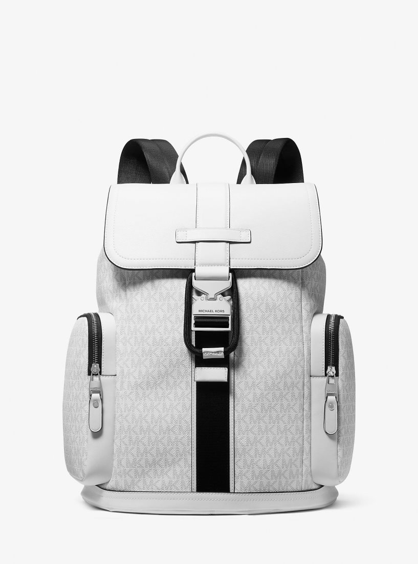 Mochilas Michael Kors Hudson Signature Logo and Leather Cargo Backpack Hombre Bright Wht | 7361-DNCIU