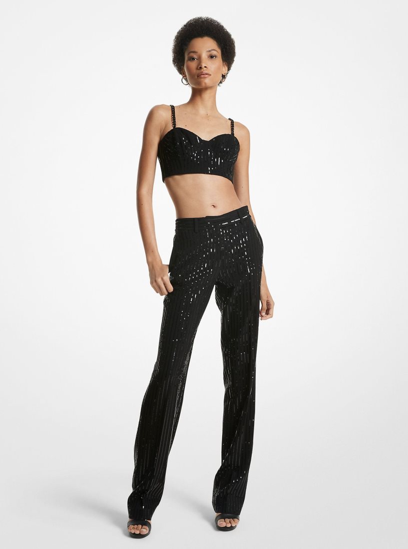 Pantalon Michael Kors Pinstripe Sequined Crepe Straight-Leg Pants Mujer Negras | 1385-XFZTC