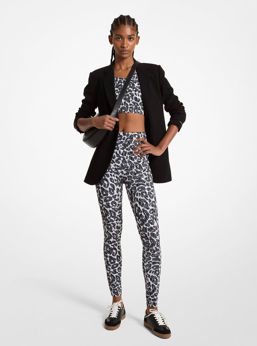 Pantalon Michael Kors Stretch Recycled Nylon Leopard Logo Leggings Mujer Gris | 5726-QOXGE