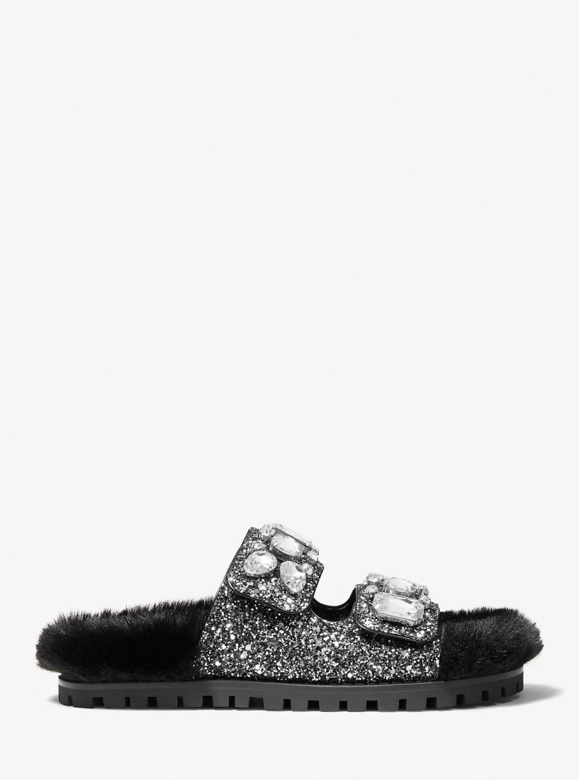 Pantuflas Michael Kors Stark Embellished Glitter and Faux Fur Slide Sandal Mujer Negras Plateadas | 0576-QNOGY