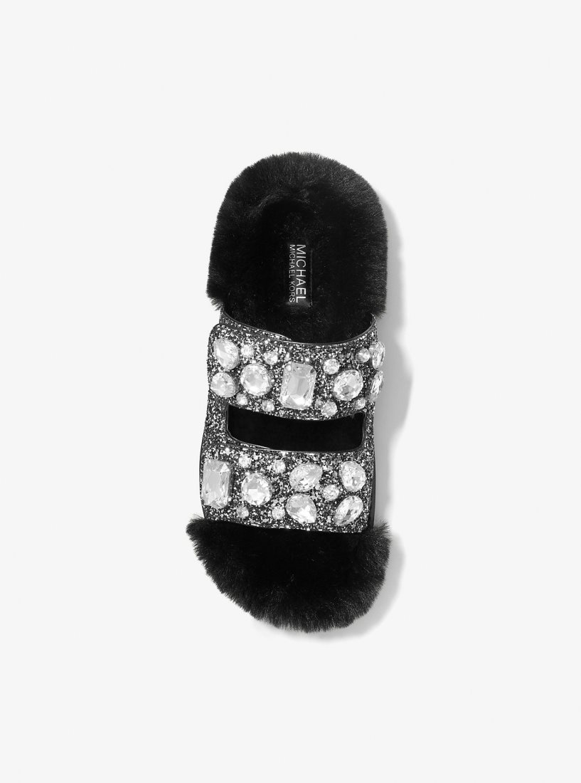 Pantuflas Michael Kors Stark Embellished Glitter and Faux Fur Slide Sandal Mujer Negras Plateadas | 0576-QNOGY