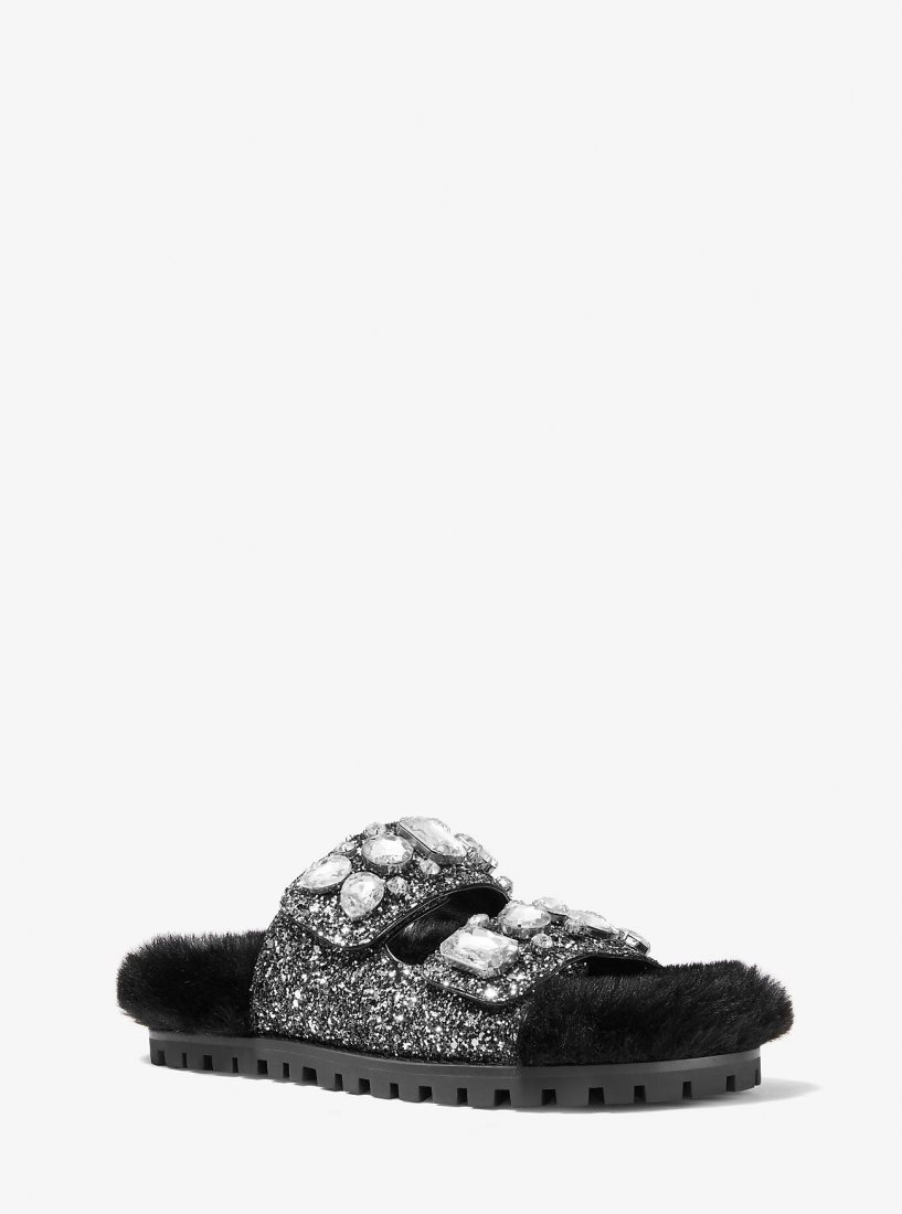 Pantuflas Michael Kors Stark Embellished Glitter and Faux Fur Slide Sandal Mujer Negras Plateadas | 0576-QNOGY