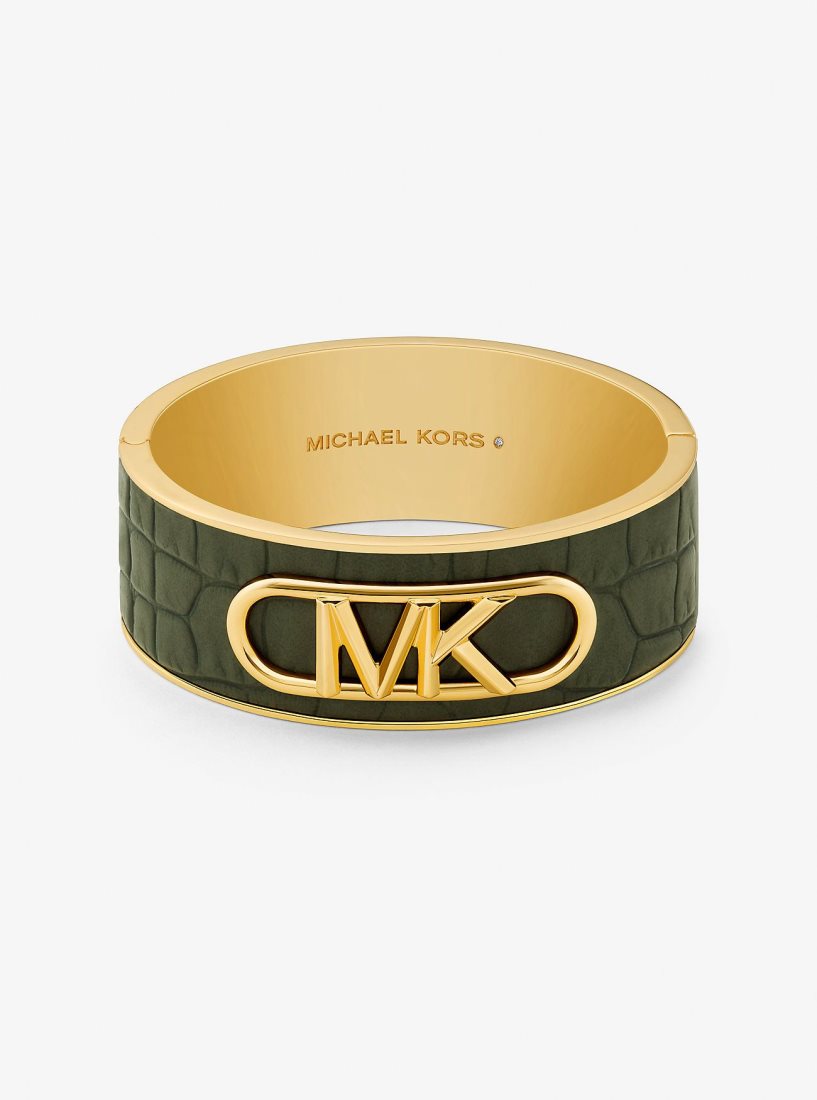 Pulseras Michael Kors Precious Metal-Plated Brass and Crocodile Embossed Empire Logo Bangle Mujer Verde | 7520-UGYTR