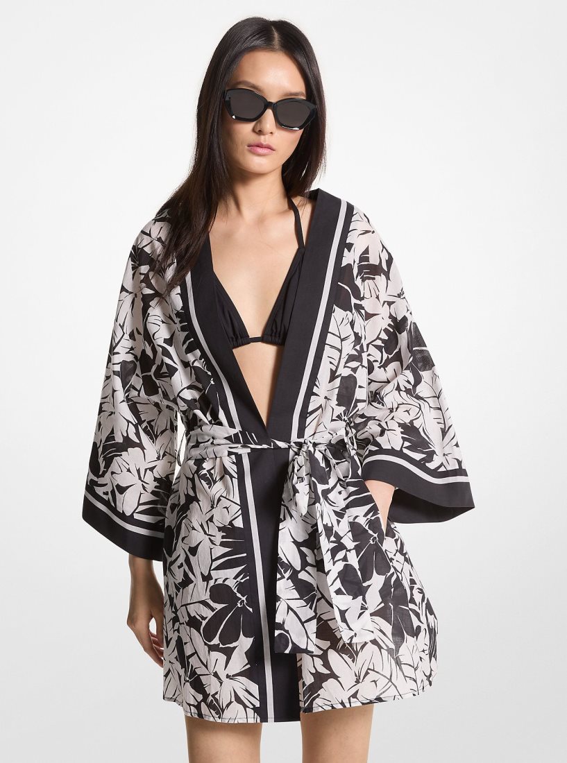 Ropa de Baño Michael Kors Palm Print Cotton Cover-Up Mujer Negras Blancas | 9846-JLOQS