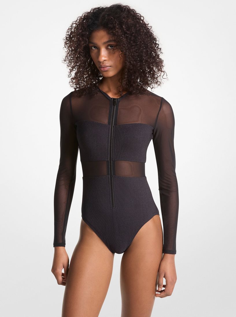 Ropa de Baño Michael Kors Stretch Nylon Zip-Up Swimsuit Mujer Negras | 1759-TAYNV