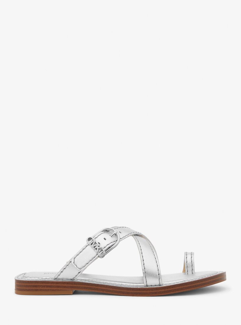 Sandalias Michael Kors Ashton Metallic Leather Flat Sandal Mujer Plateadas | 1894-LWJPM