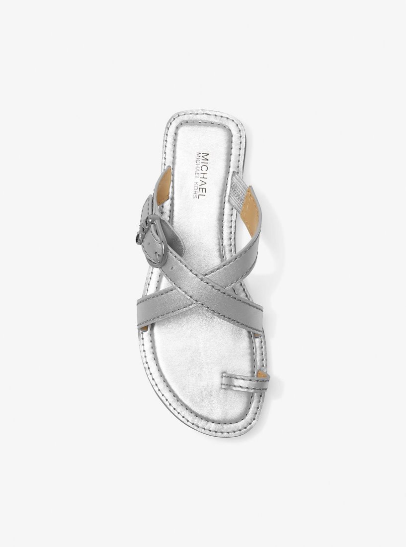 Sandalias Michael Kors Ashton Metallic Leather Flat Sandal Mujer Plateadas | 1894-LWJPM