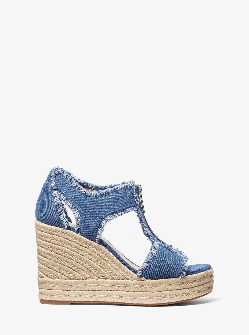 Sandalias Michael Kors Berkley Frayed Denim Wedge Sandal Mujer Azules | 9031-HIWXB