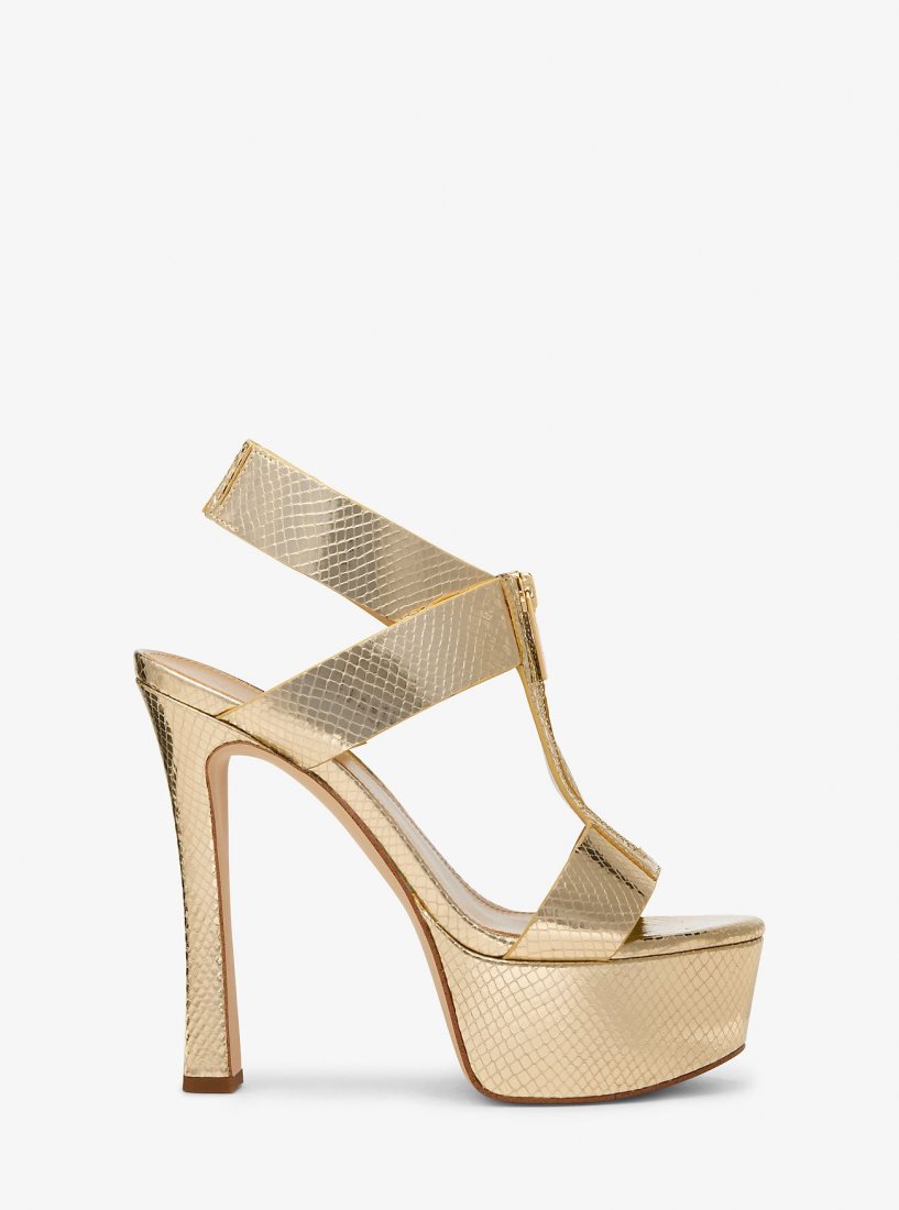 Sandalias Michael Kors Berkley Metallic Snake Embossed Leather Platform Sandal Mujer Doradas | 7059-KUSYN