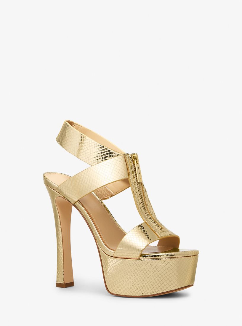 Sandalias Michael Kors Berkley Metallic Snake Embossed Leather Platform Sandal Mujer Doradas | 7059-KUSYN