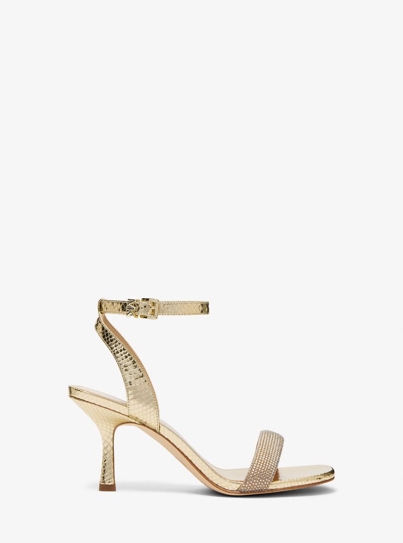 Sandalias Michael Kors Carrie Embellished Metallic Snake Embossed Leather Sandal Mujer Doradas | 5738-NHLKB