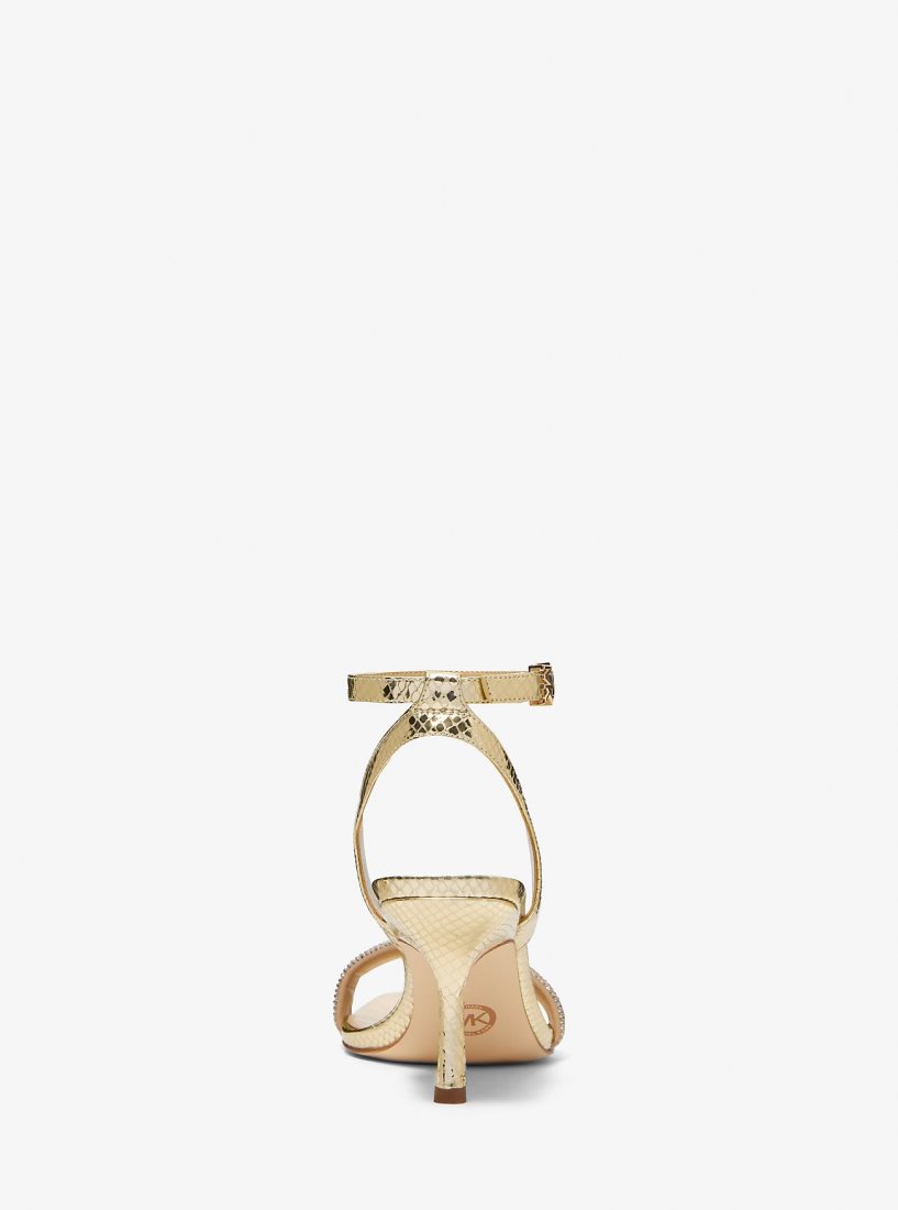 Sandalias Michael Kors Carrie Embellished Metallic Snake Embossed Leather Sandal Mujer Doradas | 5738-NHLKB