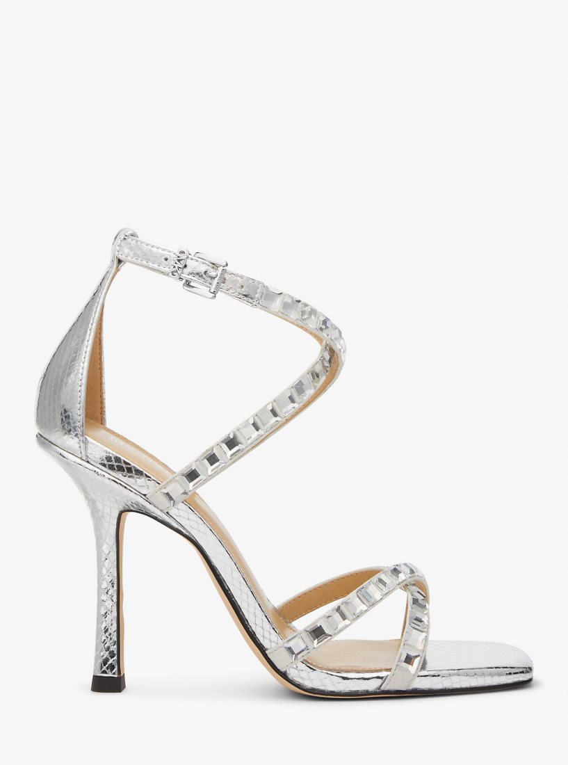 Sandalias Michael Kors Celia Crystal Embellished Metallic Snake Embossed Sandal Mujer Plateadas | 3065-GTFPE