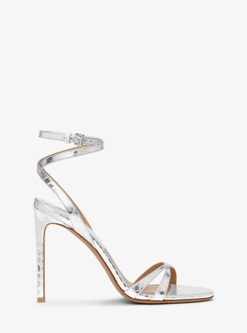 Sandalias Michael Kors Chrissy Metallic Python Embossed Leather Sandal Mujer Plateadas | 0159-GASMI