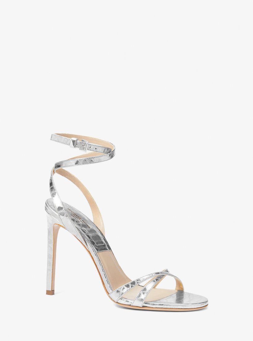 Sandalias Michael Kors Chrissy Metallic Python Embossed Leather Sandal Mujer Plateadas | 0159-GASMI