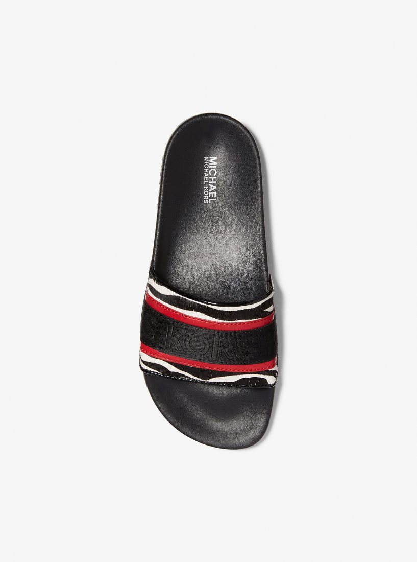 Sandalias Michael Kors Gilmore Logo Tape and Printed Calf Hair Slide Sandal Mujer Negras Rojas | 6047-UWKVN