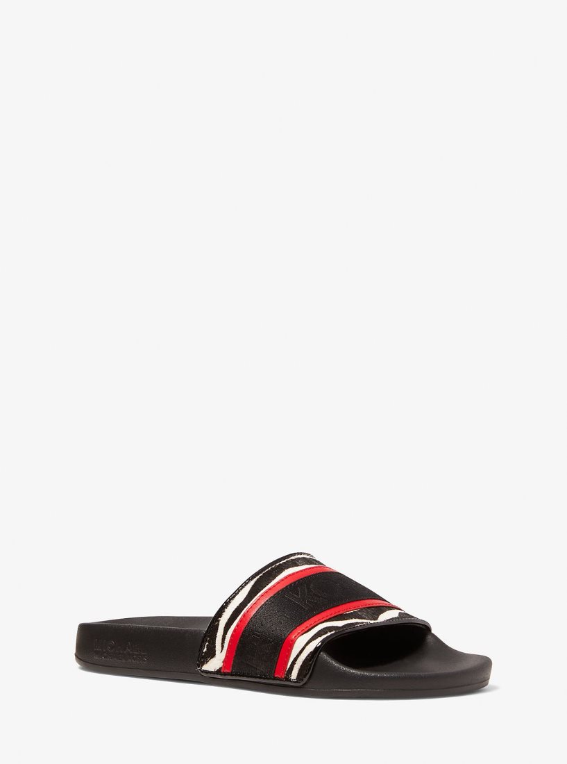 Sandalias Michael Kors Gilmore Logo Tape and Printed Calf Hair Slide Sandal Mujer Negras Rojas | 6047-UWKVN