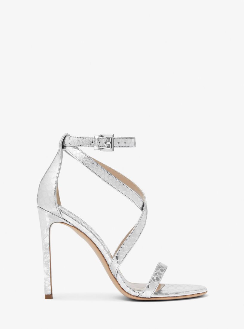 Sandalias Michael Kors Ingrid Metallic Python Embossed Leather Sandal Mujer Plateadas | 7024-UZQSF