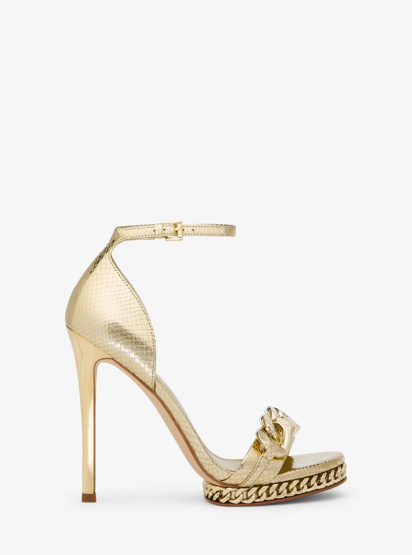 Sandalias Michael Kors Jordyn Embellished Metallic Snake Embossed Leather Platform Sandal Mujer Doradas | 0765-STNMI