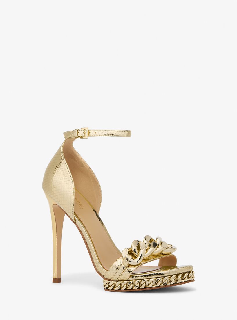 Sandalias Michael Kors Jordyn Embellished Metallic Snake Embossed Leather Platform Sandal Mujer Doradas | 0765-STNMI