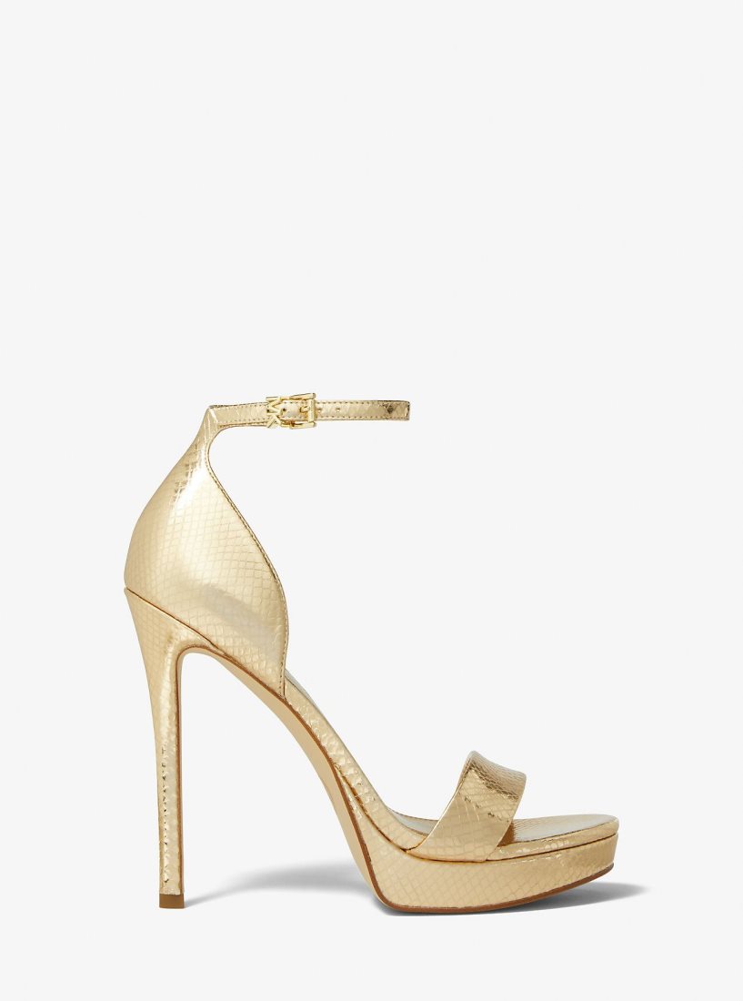 Sandalias Michael Kors Jordyn Metallic Snake Embossed Leather Platform Sandal Mujer Doradas | 0543-FWTSY