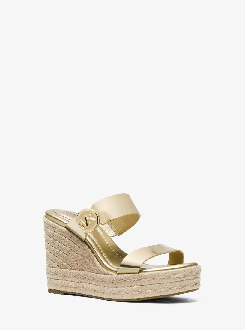 Sandalias Michael Kors Lucinda Metallic Leather Wedge Sandal Mujer Doradas | 7856-PYCLS