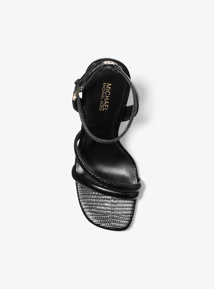 Sandalias Michael Kors Nadina Lizard Embossed Leather Wedge Sandal Mujer Negras | 7391-BZWTX