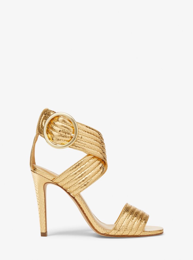 Sandalias Michael Kors Remi Metallic Snake Embossed Leather Sandal Mujer Doradas | 7258-KFGNZ