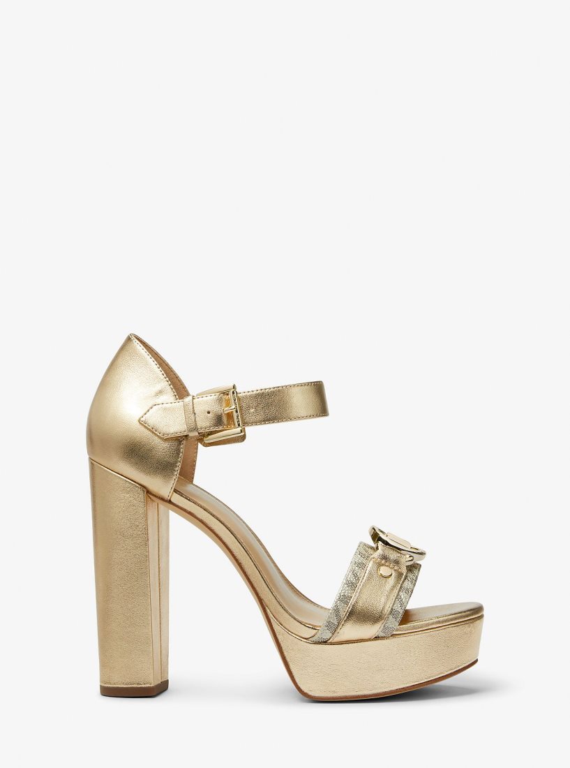 Sandalias Michael Kors Rory Metallic Leather and Signature Logo Platform Sandal Mujer Doradas | 3804-TCGOB