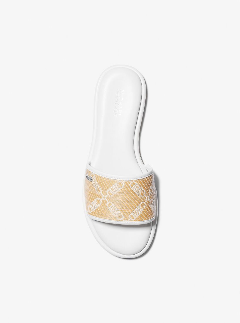 Sandalias Michael Kors Saylor Empire Logo Jacquard Straw Slide Sandal Mujer Nat/Opticwht | 5780-BJYWZ