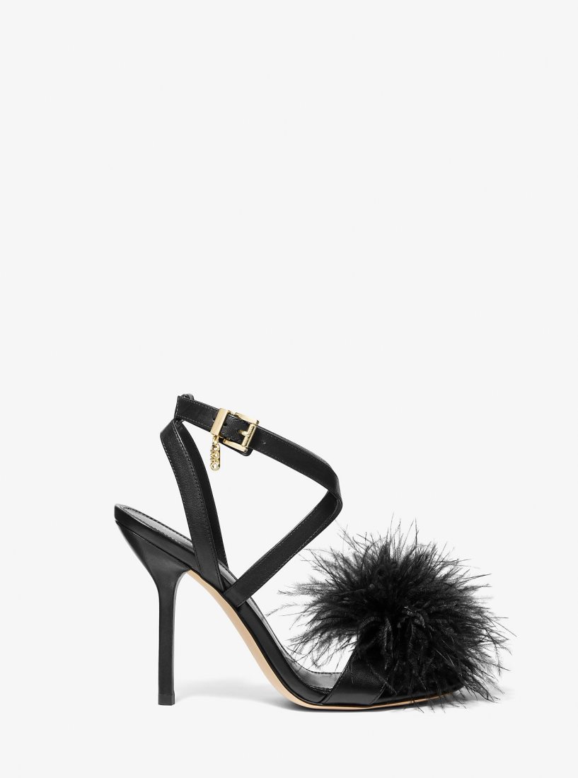 Sandalias Michael Kors Whitby Feather Trim Leather Sandal Mujer Negras | 9218-TEDNO