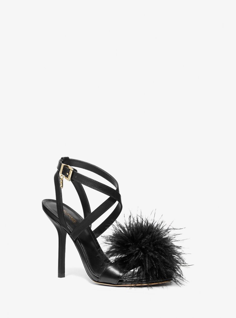 Sandalias Michael Kors Whitby Feather Trim Leather Sandal Mujer Negras | 9218-TEDNO