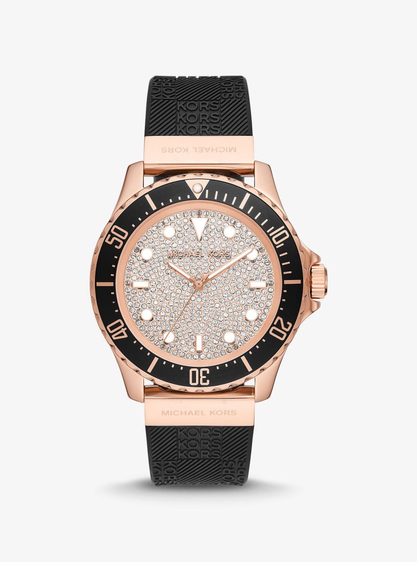 Silicone Michael Kors Oversized Slim Everest Pave Rose-Gold Tone and Embossed Silicone Watch Mujer Negras | 7452-KXURZ