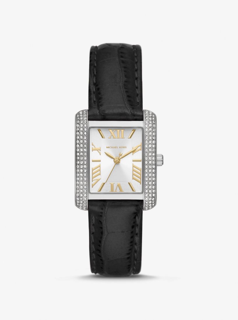 Silver-tone Michael Kors Mini Emery Pave Silver-Tone and Crocodile Embossed Leather Watch Mujer Negras | 8650-MTUHA