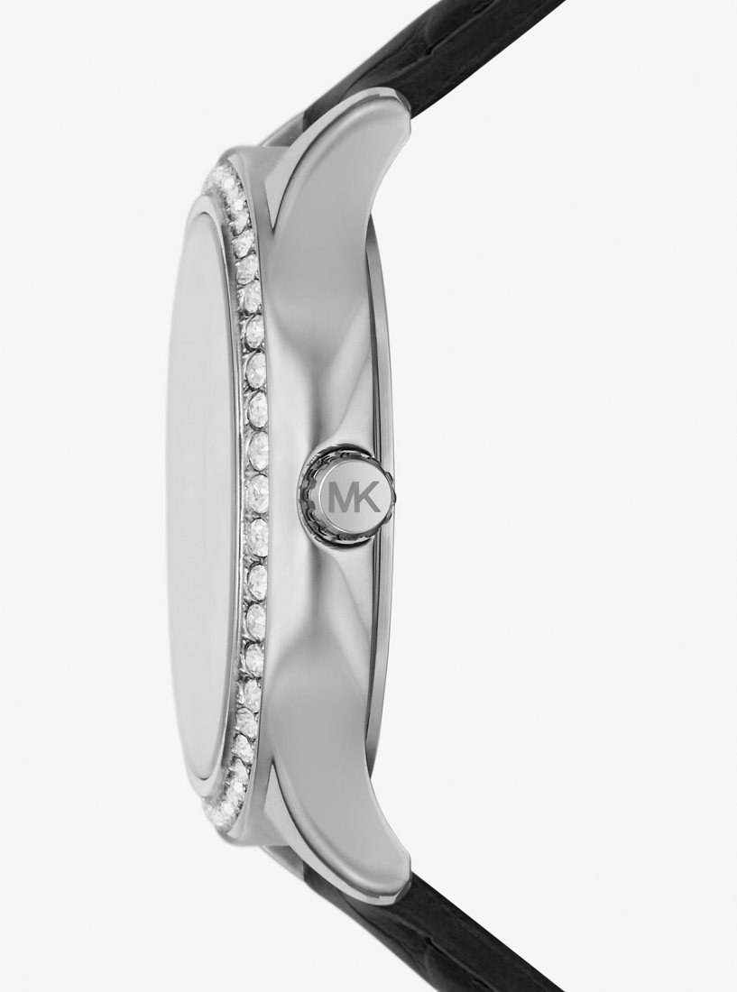 Silver-tone Michael Kors Sage Pave Silver-Tone and Crocodile Embossed Leather Watch Mujer Negras | 9524-VSOUD