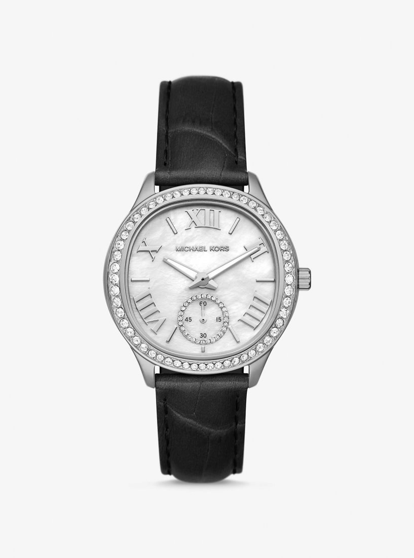 Silver-tone Michael Kors Sage Pave Silver-Tone and Crocodile Embossed Leather Watch Mujer Negras | 9524-VSOUD