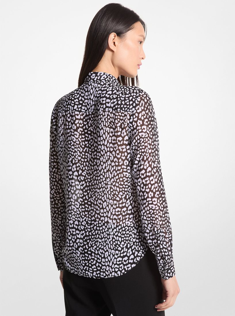 Tops Michael Kors Graphic Leopard Print Georgette Tie-Neck Blouse Mujer Negras Blancas | 0534-OJDQH