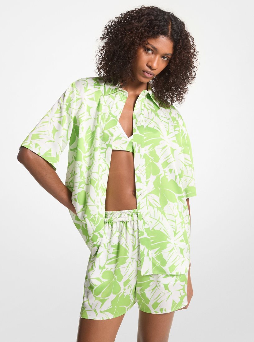 Tops Michael Kors Palm Print Satin Cabana Shirt Mujer Verde | 8765-PYGQC