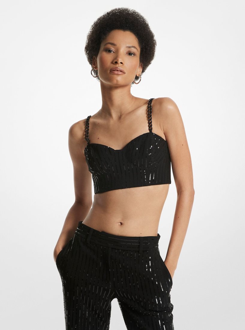 Tops Michael Kors Pinstripe Sequined Crepe Bustier Top Mujer Negras | 0162-XHKPB