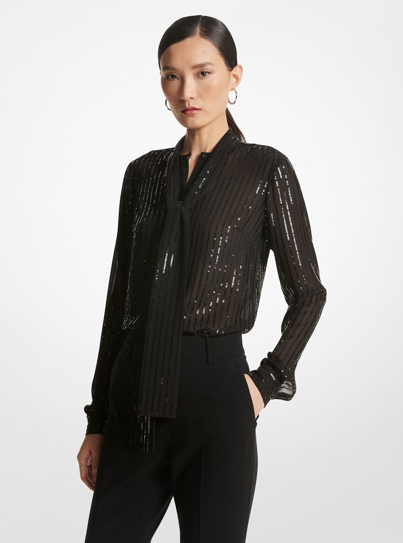 Tops Michael Kors Pinstripe Sequined Georgette Tie-Neck Blouse Mujer Negras | 0768-BAJNY