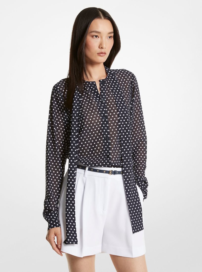 Tops Michael Kors Polka Dot Georgette Tie-Neck Blouse Mujer Midnightblue | 5041-MEZJN