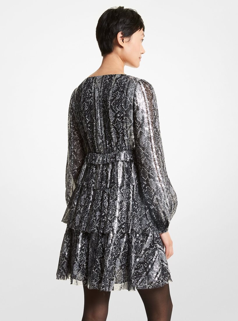 Vestido Michael Kors Metallic Snake Jacquard Tiered Dress Mujer Negras | 7924-ZKUWN